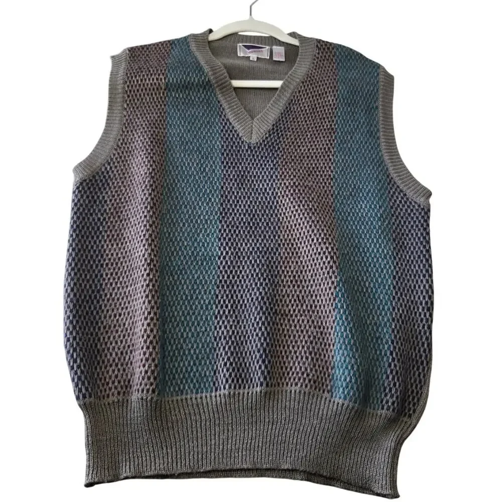 Vintage Earthy GrandpaCore Striped V‑Neck Sweater Vest Wool‑Blend Size Large